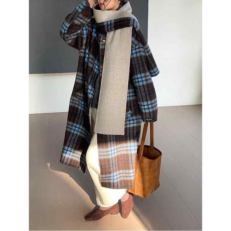 コート レディース 高品質 リバーシブル ダブルフェイス ウール アルパカ混 チェック柄 韓国系 上品 ゆったり ラウンドネック 長袖 秋冬