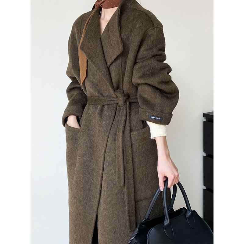 レディース コート 90%ウール カシミヤ混 ダブルフェイス ゆったり テーラードカラー 無地 1つボタン ベルト付き 秋冬 アウター きれいめ 通勤 オフィス