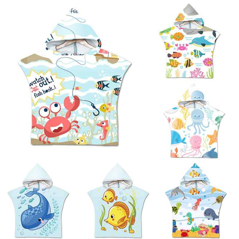 お着替えポンチョ キッズ マイクロファイバー フード付き ビーチ プール 水泳 海水浴 防風 UVカット 日焼け対策 速乾 吸水 総柄 タオル地