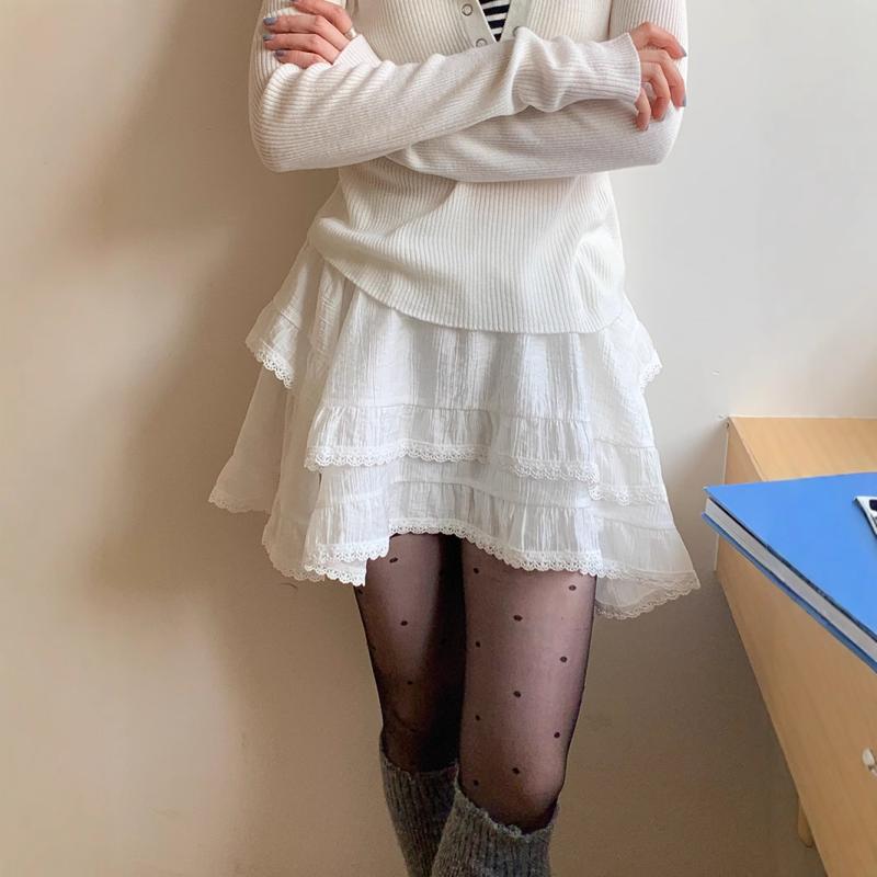 スカート レディース バレエ風 アシンメトリー ティアード ミニ丈 ハイウエスト 着痩せ レース切り替え 春夏 ホワイト 再生繊維 ナイロン 無地 韓国風 カジュアル