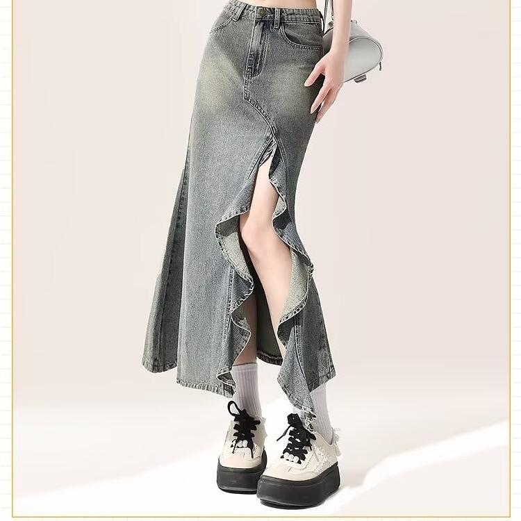 デニムスカート レディース マーメイド アシンメトリー スリット ハイウエスト ミディ丈 タイトシルエット レトロ フリル 綿混 春夏 通勤 オフィス カジュアル