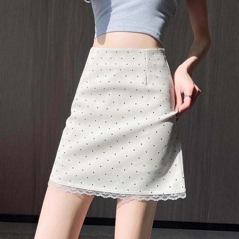 スカート レディース ブラック ドット柄 レース 切り替え レトロ ハイウエスト ミディ丈 タイトスカート 着痩せ 透け防止 春夏 女性用 ボトムス