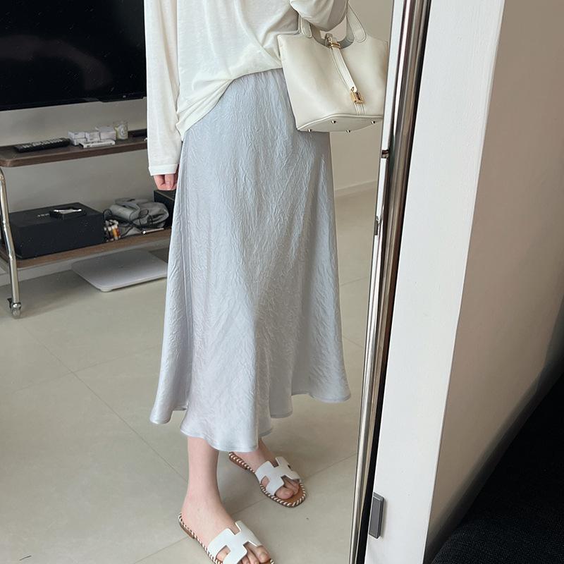 スカート レディース 接触冷感 アセテート サテン 光沢感 Aライン マーメイドシルエット ウエストゴム ゆったり ミディ丈 上品 エレガント 通勤 オフィス 細見え 体型カバー ドレープ 春夏