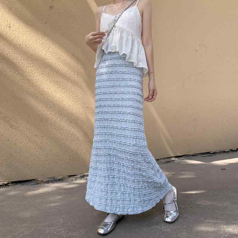 スカート レディース フレンチ 小花柄 マーメイドスカート ハイウエスト 細見え 小柄 フェミニン ロング レース ポリエステル 微ストレッチ 春夏 ライトブルー ブラック