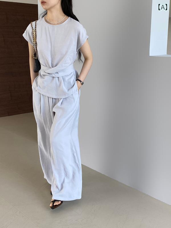 セットアップ レディース 夏 半袖 ワイドパンツ 2点セット アシンメトリー デザイン モダール素材 シワになりにくい 体型カバー オールドマネー風 エレガント 上品 きれいめ オフィス カジュアル 普段使い