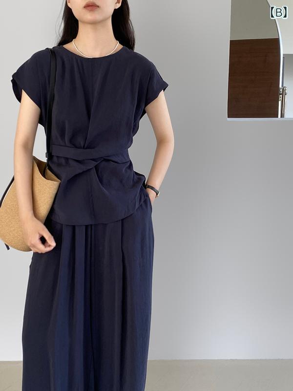 セットアップ レディース 夏 半袖 ワイドパンツ 2点セット アシンメトリー デザイン モダール素材 シワになりにくい 体型カバー オールドマネー風 エレガント 上品 きれいめ オフィス カジュアル 普段使い