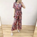 パンツセットアップ レディース 春夏 綿混 再生繊維 半袖 ワイドパンツ ロング丈 花柄 カジュアル ツーピース 大きいサイズ 普段使い お出かけ きれいめ エ...