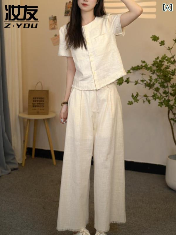 セットアップ レディース 綿麻混 リネンブレンド 上品 高級感 春夏 ノースリーブ ワイドパンツ 小柄 大人カジュアル ツーピース