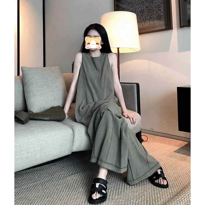 セットアップ レディース ノースリーブワンピース ハイウエストワイドパンツ 2点セット 韓国風 高級感 エレガント きれいめ 無地 マゼンタ 通勤 オフィス 春...