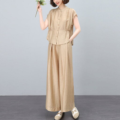 パンツセットアップ レディース カジュアル テンセル素材 綿 ゆったり ワイドパンツ 半袖 上品 若見え 着痩せ効果 ロング丈 春夏 アプリコット グレージュ パンツセットアップ レディース カジュアル テンセル素材 綿 ゆったり ワイドパンツ 半袖 上品 若見え 着痩せ効果 ロング丈 春夏 アプリコット グレージュ
