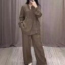 パンツ セットアップ レディース 綿麻 長袖 ハーフオープン カジュアル リラックス ワイドパンツ ドローストリング 秋冬 快適 上品 通勤 オフィス 普段使い...