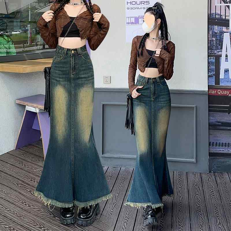 デニムスカート レディース レトロ ハイウエスト マーメイドライン ミモレ丈 ロングスカート デザイン 細見え 体型カバー ストレッチ 秋冬 オフィス カジュアル