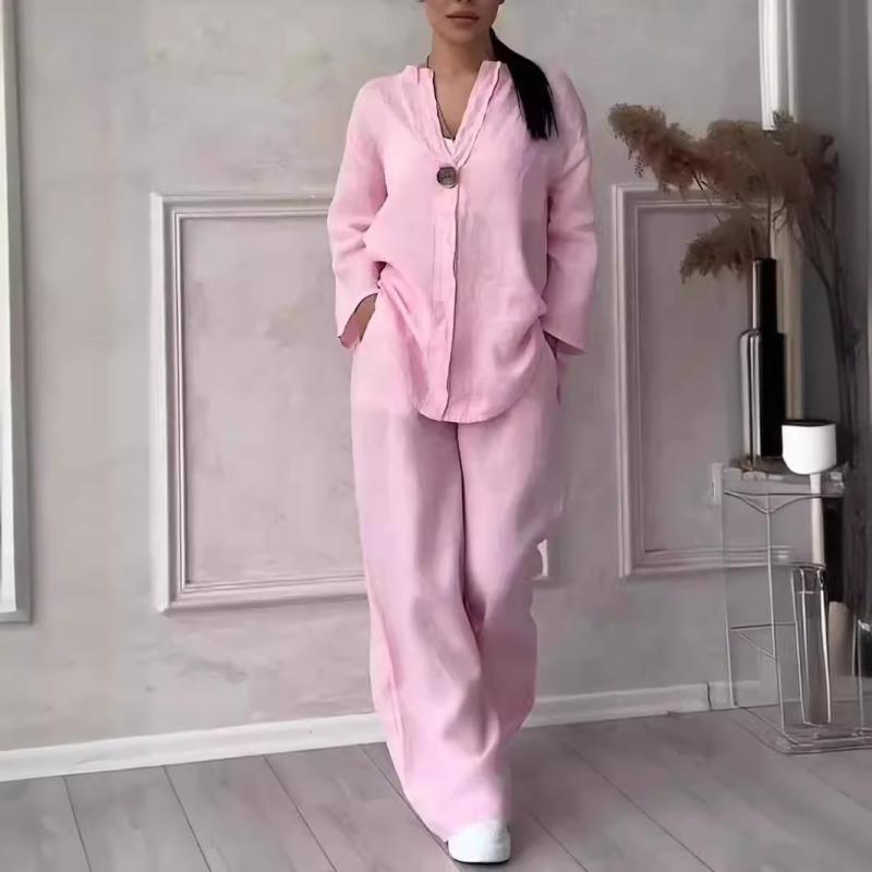 セットアップ レディース トップス ワイドパンツ ゆったり リラックス 無地 きれいめ カジュアル 長袖 ロング丈 通勤 普段使い 綿麻 ルームウェア 上下セット ツーピース 切り替え