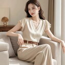 セットアップ レディース 塩系 大人カジュアル 高級感 上品 春夏 シフォン ブラウス フリル袖 七分袖 ワイドパンツ 切り替え ツーピース カーキ オフィス ...
