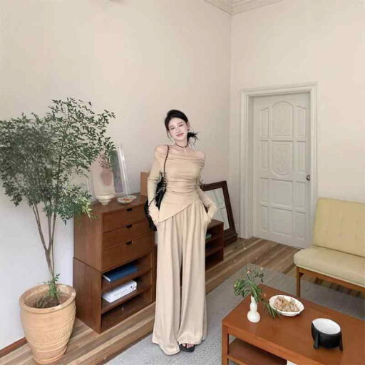 セットアップ レディース 高級感 上品 オフショルダー 長袖 トップス ワイドパンツ ツーピース 秋冬 ポリエステル エレガント カジュアル 通勤 オフィス お出かけ セットアップ レディース 高級感 上品 オフショルダー 長袖 トップス ワイドパンツ ツーピース 秋冬 ポリエステル エレガント カジュアル 通勤 オフィス お出かけ