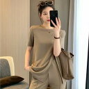 セットアップ レディース 接触冷感 ワイドパンツ スリット 半袖 トップス 春夏 韓国風 おしゃれ ゆったり 大きいサイズ リラックス 通勤 カジュアル ブラック カーキ グレー