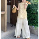 セットアップ レディース 新中華風 ノースリーブトップス コットンブレンド ワイドパンツ ロング丈 切り替えデザイン ツーピース 高級感 普段使い カジュアル ...