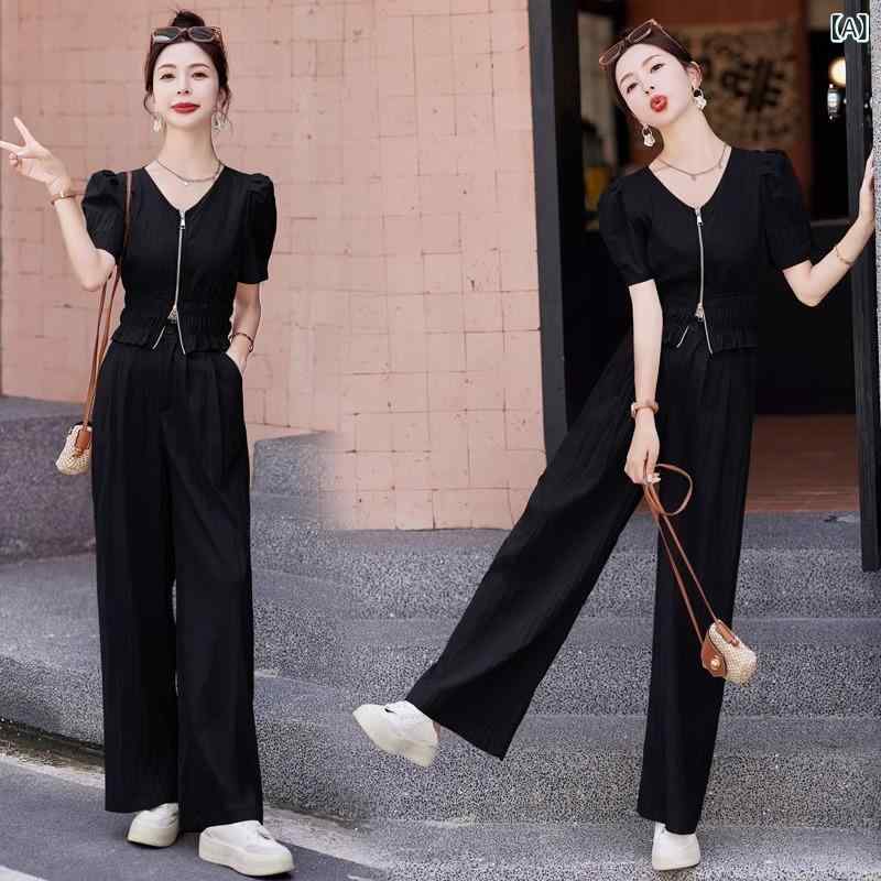 セットアップ レディース 夏 ワイドパンツ ツーピース エレガント 上品 洗練 きれいめ 若見え 普段使い 通勤 オフィス 街着スタイル お洒落 ポリエステル 黒 カーキ ブラウン