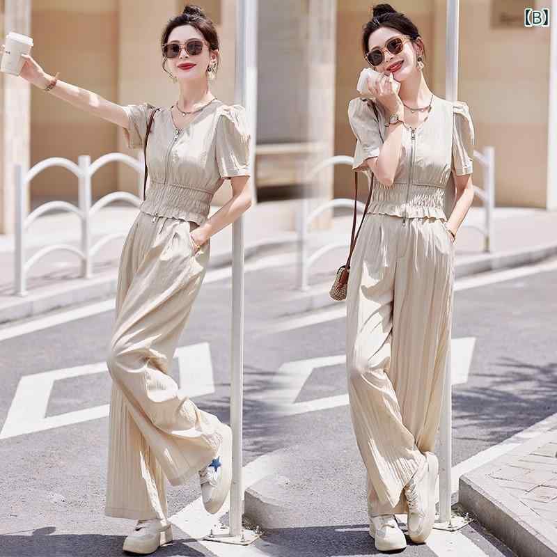 セットアップ レディース 夏 ワイドパンツ ツーピース エレガント 上品 洗練 きれいめ 若見え 普段使い 通勤 オフィス 街着スタイル お洒落 ポリエステル 黒 カーキ ブラウン