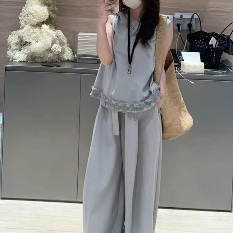 セットアップ レディース ノースリーブ フリル裾 トップス ワイドパンツ 上下セット 麻 リネン ポリエステル ミストブルー 無地 韓国風 欧米風 デザイン カジュアル リラックス 春夏
