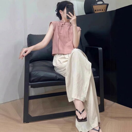 セットアップ レディース 中国風 ノースリーブ チャイナボタン ピンク トップス ワイドパンツ 2点セット 切り替え 春夏 ポリエステル レトロ エレガント カジュアル 普段使い お出かけ セットアップ レディース 中国風 ノースリーブ チャイナボタン ピンク トップス ワイドパンツ 2点セット 切り替え 春夏 ポリエステル レトロ エレガント カジュアル 普段使い お出かけ