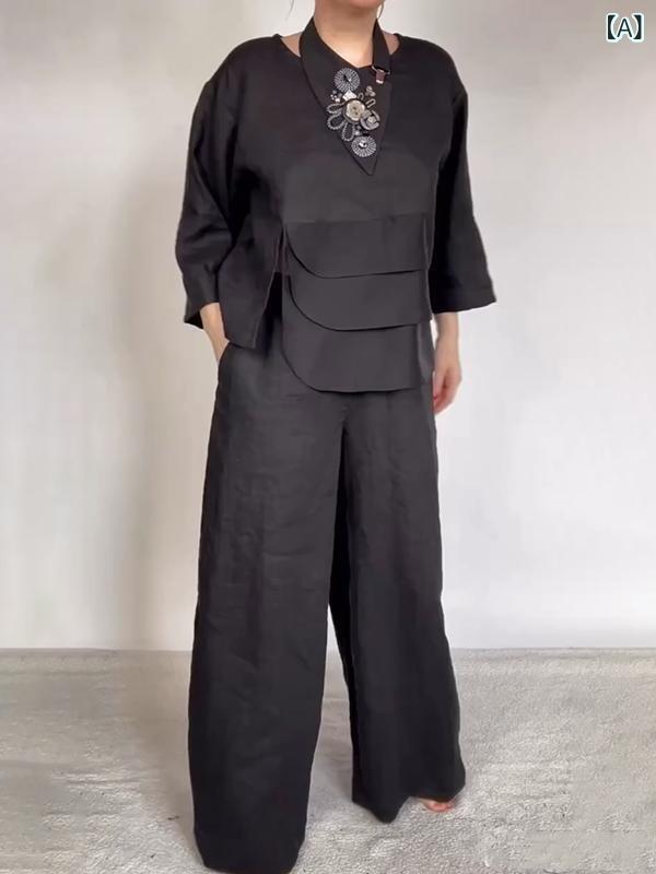 セットアップ レディース ラウンドネック 長袖 サテン風 レイヤード風 切り替え デザイン ワイドパンツ アセテート素材 無地 ポケット付き 秋冬 きれいめ 通勤 オフィス カジュアル