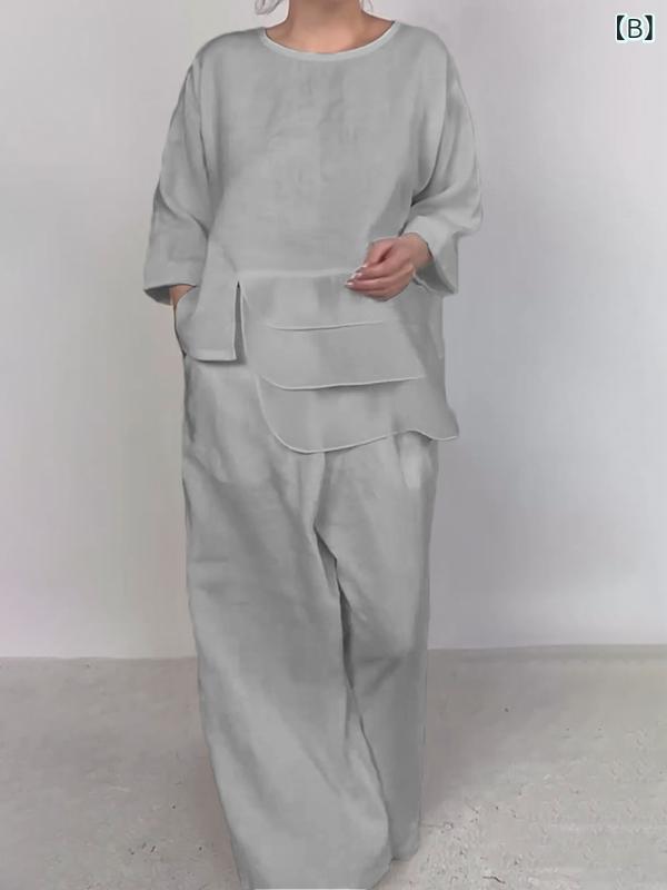 セットアップ レディース ラウンドネック 長袖 サテン風 レイヤード風 切り替え デザイン ワイドパンツ アセテート素材 無地 ポケット付き 秋冬 きれいめ 通勤 オフィス カジュアル