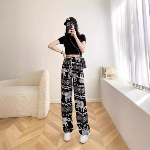 パンツ レディース 女性用 ワイド ストレート ハイウエスト ロング丈 東南アジア風 プリント柄 ドレープ感 細見え 体型カバー ポリエステル カジュアル 春夏 パンツ レディース 女性用 ワイド ストレート ハイウエスト ロング丈 東南アジア風 プリント柄 ドレープ感 細見え 体型カバー ポリエステル カジュアル 春夏