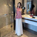 セットアップ レディース 夏 清涼感 中華風ジャカード ノースリーブ ミディ丈トップス ワイドパンツ ポリエステル 通勤 オフィス 普段使い 快適 ゆったり 体...