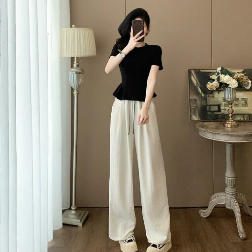 パンツセットアップ レディース ゆったり リラックス ワイドストレートパンツ 2点セット 半袖トップス 落ち感 とろみ ポリエステル カジュアル 着回し 春夏 ブラック ベージュ パンツセットアップ レディース ゆったり リラックス ワイドストレートパンツ 2点セット 半袖トップス 落ち感 とろみ ポリエステル カジュアル 着回し 春夏 ブラック ベージュ
