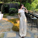 カジュアルセットアップ レディース 春夏 ワンショルダー 半袖 トップス ハイウエスト ワイドパンツ 着痩せ スタイルアップ 綿麻素材 リゾートスタイル 旅行 ...