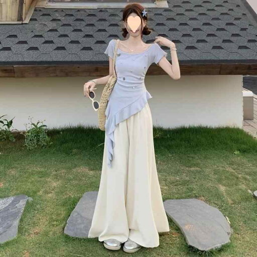セットアップ レディース 韓国風 春夏 アシンメトリー フリル デザイン トップス ギャザー ハイウエスト ワイドパンツ カジュアル 上品 通勤 アーバン ポリエステル ツーピース セットアップ レディース 韓国風 春夏 アシンメトリー フリル デザイン トップス ギャザー ハイウエスト ワイドパンツ カジュアル 上品 通勤 アーバン ポリエステル ツーピース