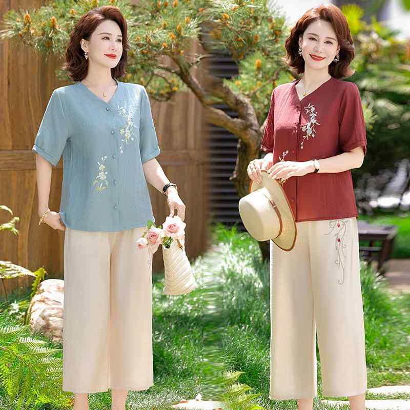 セットアップ レディース 半袖 Vネック トップス シャツ ブラウス 新中華風 刺繍 レトロモダン アンティーク風 ゆったり リラックスフィット カジュアル 普段使い 着回し ポリエステル 春夏