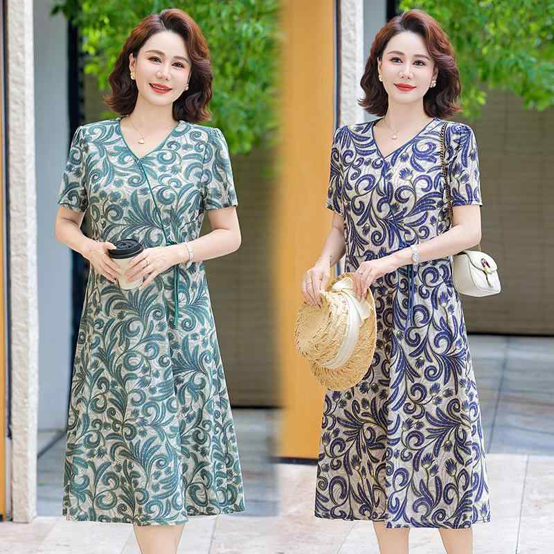 ワンピース レディース ミセス 50代 60代 中高齢女性 夏 半袖 Vネック 花柄 フラワープリント エレガント 上品 きれいめ 通勤 オフィス 普段使い お出かけ ポリエステル ブルー グリーン ゆったり 体型カバー ミディ丈 リボン ウエストマーク