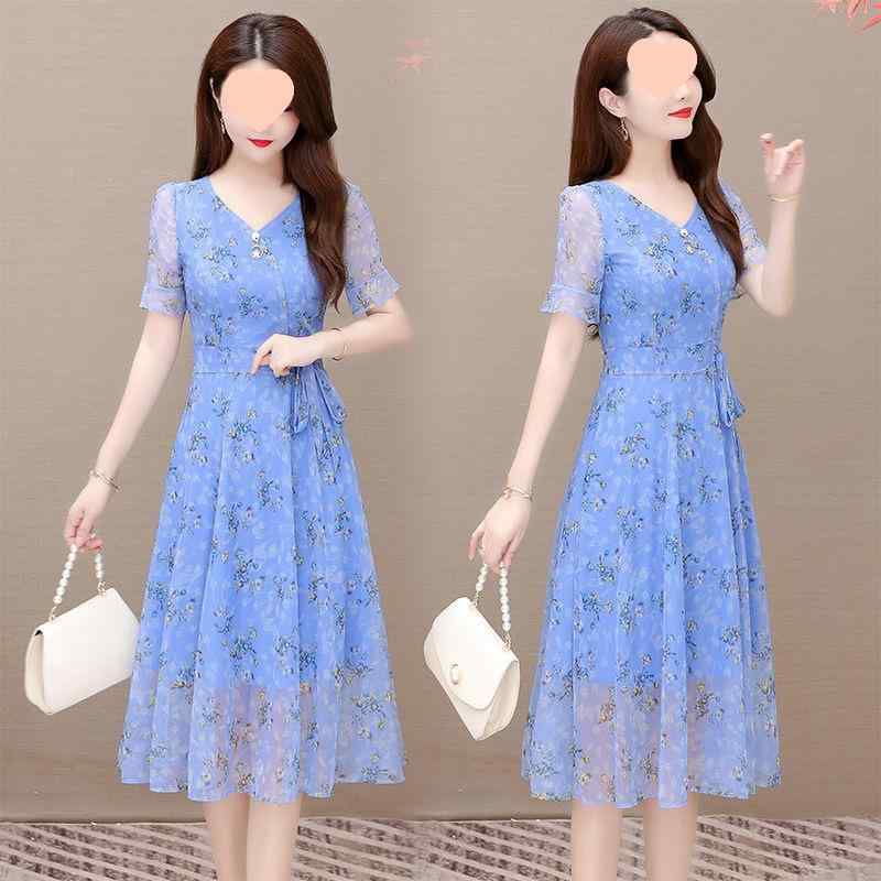 ワンピース レディース ママ フリル袖 メッシュ Vネック 半袖 小花柄プリント 切り替え ミディ丈 体型カバー ゆったり 普段使い 春夏