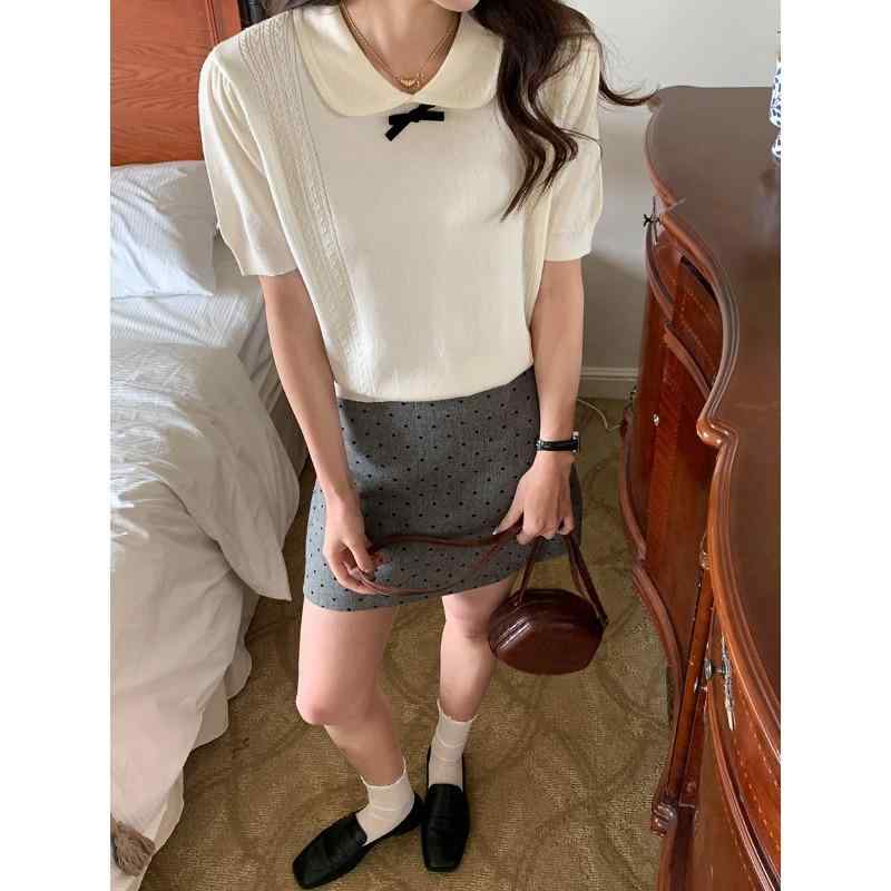 ニット レディース 春夏 かわいい ビッグカラー 丸襟 リボン 半袖 ショートスリーブ プルオーバー セーター 切り替え 通勤 オフィス トップス ピンク ブルー グレー オフホワイト