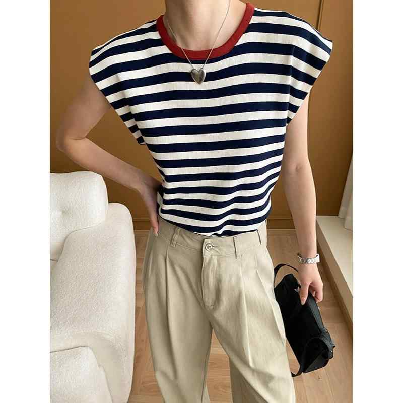 ニット Tシャツ レディース トレンド フレンチスタイル 配 ストライプ フリル袖 クルーネック 薄手 ゆったり サマーニット 通勤 オフィス