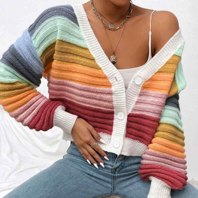 ニット カーディガン 長袖 ショート丈 配色 ボーダー Vネック シングルボタン カジュアル ポリエステル 中厚手 マルチカラー レギュラーフィット 普段使い 快適 春秋冬