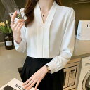ブラウス レディース ホワイト 長袖 シフォン ストレートシルエット オフィス 通勤 シャツ襟 プルオーバー きれいめ デザイン 個性的 無地 春夏