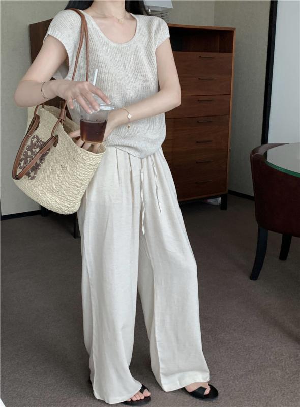 セットアップ レディース 春夏 ニット 半袖Tシャツ ハイウエスト ワイドパンツ ポリエステル素材 体型カバー 着痩せ効果 お洒落 大人カジュアル 韓国風 ツーピース