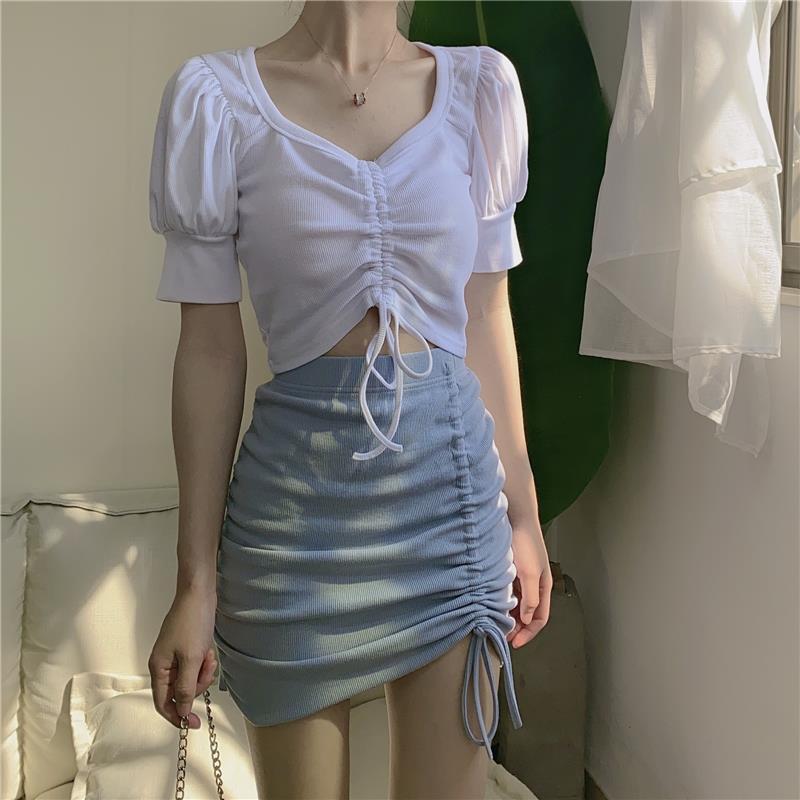 トップス レディース フレンチ レトロ Vネック パフスリーブ 五分袖 ドローストリング プリーツ 切り替え ハイウエスト クロップ丈 細見え スリムフィット 春夏