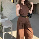 レディース セットアップ 春夏 きれいめ ポロ襟 ノースリーブ シャツ トップス クロップド丈 ワイドパンツ ポリエステル ツーピース ナットブラウン 韓国風 カジュアル