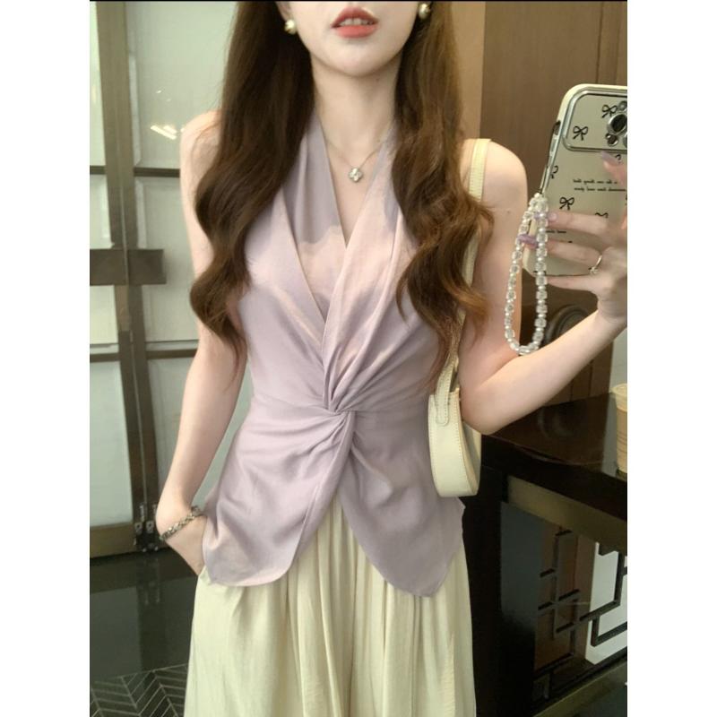 ブラウス レディース 上品 エレガント シンプル ねじりデザイン ノースリーブ トップス 無地 着回し 万..