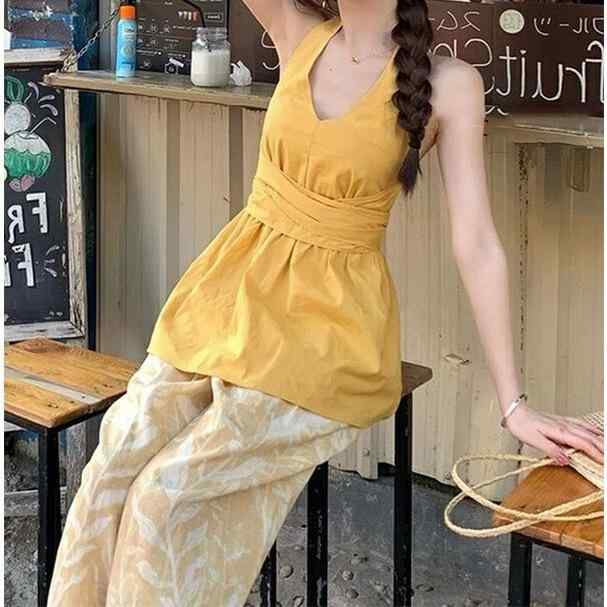 キャミソール レディース 韓国風 Vネック ホルターネック 春夏 スレンダーシルエット デザイン バックオープン ストラップ おしゃれ デイリーユース ポリエステル素材 イエロー