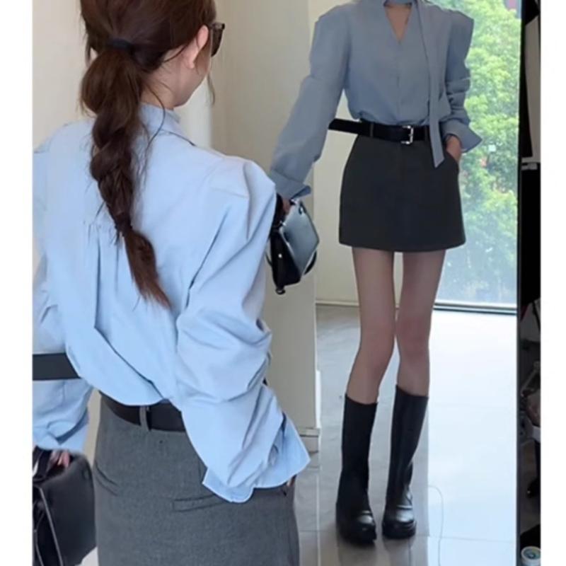 セットアップ レディース 韓国風 ホルターネック 長袖 ブラウス 切り替え スカート デザイン性 エレガント フェミニン 上品 おしゃれ 春夏 通勤 オフィス ポリエステル