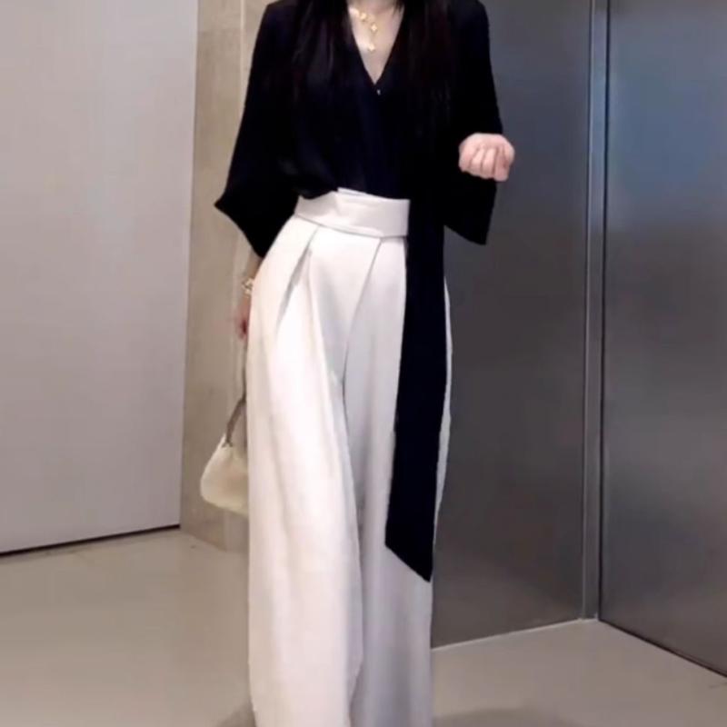 セットアップ レディース 長袖 スムース ブラウス ワイドパンツ 黒 春夏 上品 エレガント オフィスカジュアル 通勤 デイリー ポリエステル