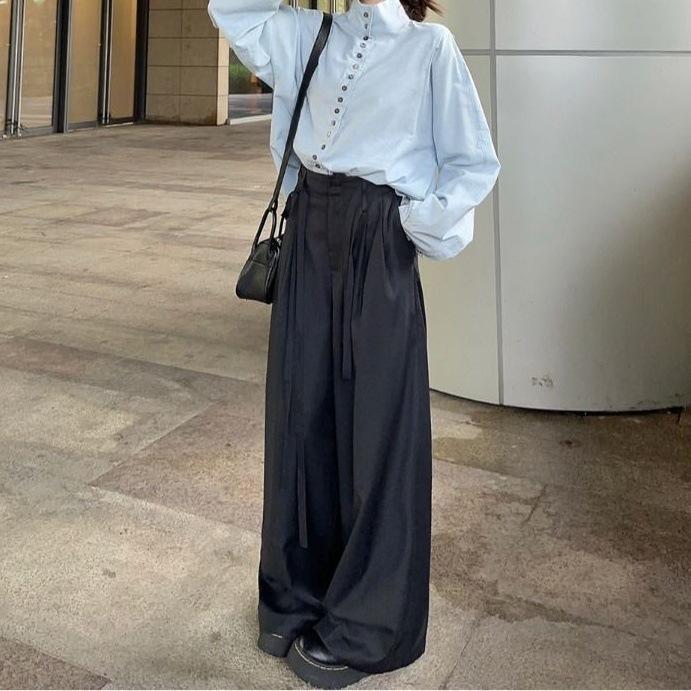 レディース セットアップ 高級感 エレガント 韓国風 スタンドカラー 長袖 シャツ トップス ハイウエスト ワイドレッグ カジュアルパンツ 切り替え ポリエステル 通勤 デイリー リラックス 春夏