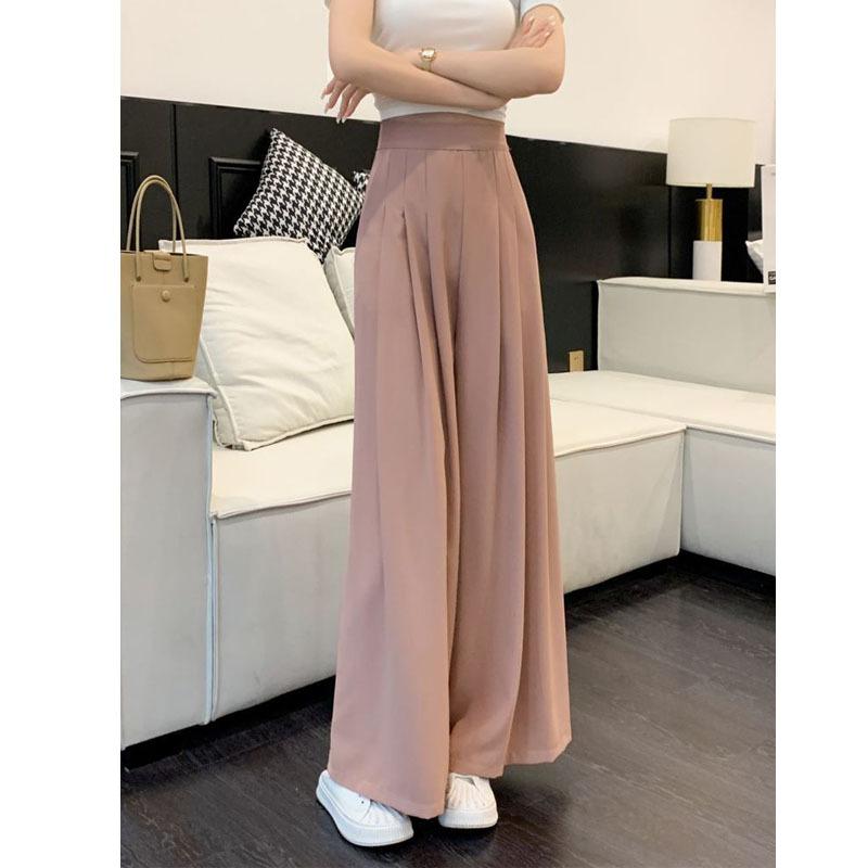 ワイドパンツ レディース ピンク 薄手 春秋 ハイウエスト ポリエステル素材 ドレープ 体型カバー 細見え 脚長効果 カジュアル リラックス マキシ丈 ロングパンツ