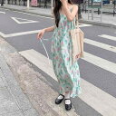 ワンピース レディース 夏 リゾート 韓国風 チューリップ柄 グラデーション小花柄 キャミワンピース Vネック ロング丈 Aライン ハイウエスト ポリエステル フェミニン おしゃれ 着回し万能
