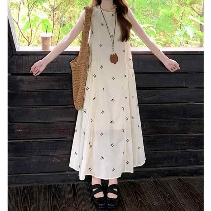 ワンピース レディース フレンチテイスト ノースリーブ キャミワンピース マキシ丈 低身長 リゾート ビーチ 春夏 上品 エレガント きれいめ Aライン 切り替え ハイウエスト ポリエステル ラウンドネック アプリコット